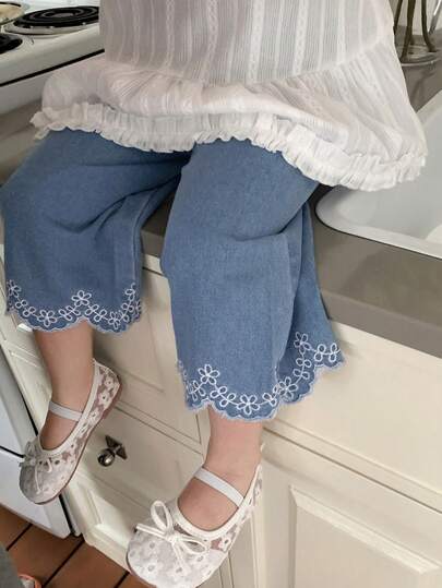 DAZY Quần jean denim xếp ly dáng suông, cạp chun cho bé gái