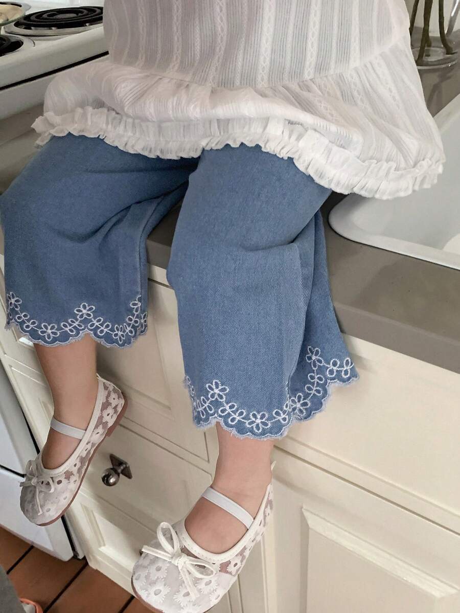 DAZY Quần jean denim xếp ly dáng suông, cạp chun cho bé gái - Rửa nhẹ - Xem 1