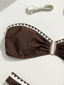 Swim Mod Summer Fashion Metallic Floral Print Bikini Set With Gold Accent - Coffee Brown - View 7