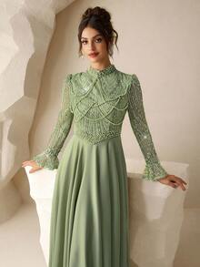 Coutiva Đầm xòe chữ A thanh lịch mùa thu đông, chất liệu satin đính sequin, cổ cao, tay dài, điểm xuyết ngọc trai và đá quý, thích hợp làm đầm dự tiệc cưới, tiệc sinh nhật, lễ tốt nghiệp, lễ hội âm nhạc, đầm dự tiệc. - màu xanh lá - Xem 7
