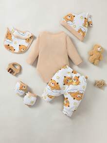 SHEIN 5pcs/Set Newborn Baby Boy Cute Bear Print Romper + Pants + Hat + Bib + Mittens - Khaki - View 2