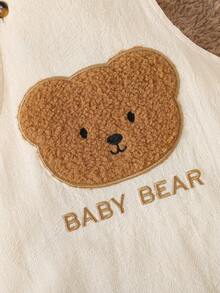 SHEIN 男婴柔软杏色可爱棕熊刺绣直筒连体裤，适合日常外出、居家休闲、亲子互动、生日派对等欢乐场合，四季皆宜。 - 米色 - 查看 4