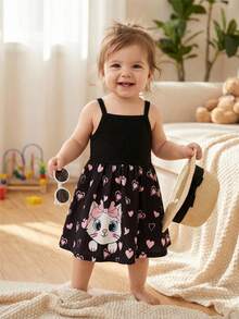 SHEIN Baby Girl Cute Cat Print Waist Splicing Camisole High Elasticity Dress - Black - View 2
