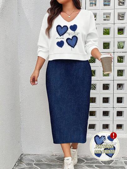 EMERY ROSE Plus Size Women Heart Print Sweatshirt Dress 2 Pieces Set, Casual For  2 Piece  Sets Woman Skirt Set Two Piece Set Women Skirt Skirt Set 2 Piece Sets Woman 2 Piece Casual Sets Woman 2 Piece Sets Woman Skirt Women Skirts,Flower/Spring/Summer/Vacation