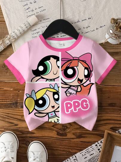 THE POWERPUFF GIRLS X SHEIN 女童休闲卡通图案圆领短袖T恤，夏季