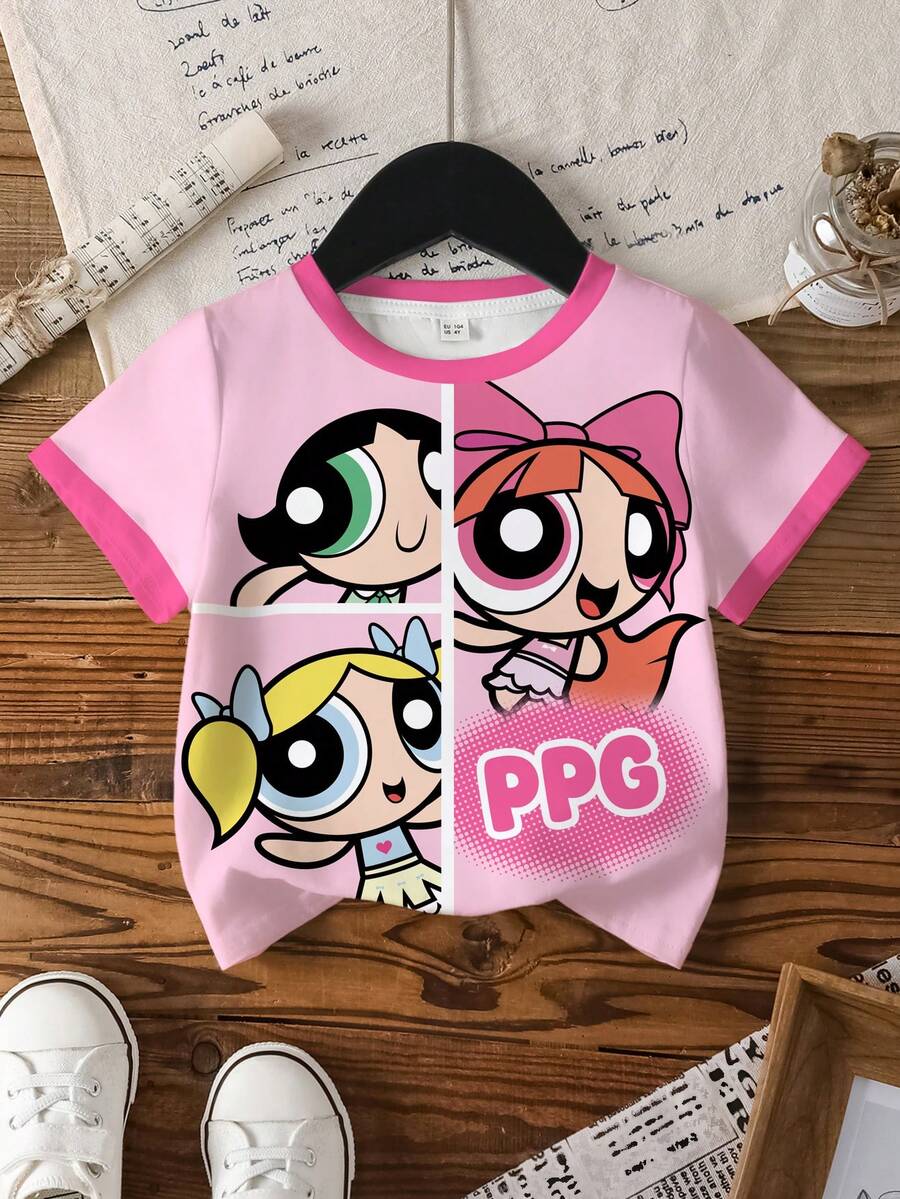 THE POWERPUFF GIRLS X SHEIN 女童休闲卡通图案圆领短袖T恤，夏季 - 白色 - 查看 1