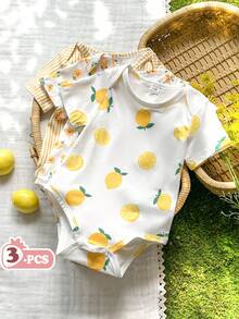 SHEIN Vintaside Kids 女婴可爱印花圆领短袖连体衣，夏季 - 黃色 - 查看 3
