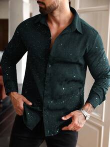 Manfinity AFTRDRK Men's Casual Shiny Button-Front Long Sleeve Shirt, Autumn - Dark Green - View 5