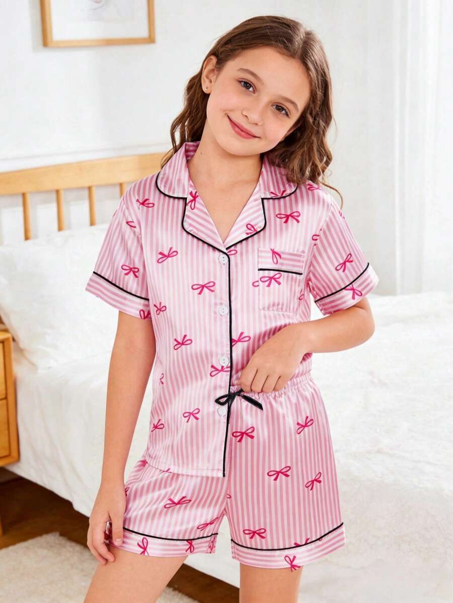 Elladie kids 女孩睡衣套装，蝴蝶结条纹仿丝拼色短袖上衣和短裤，时尚翻领休闲家居服 - 彩色 - 查看 1