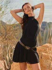 WESTFADE Tie Neck Low Back Pleated Waist Tiered Ruffle Chiffon Halter Mini Dress Spring, Resort Wear, Summer, Casual, Cute, Boho, Stagecoach, Coachella, Festival, Nashville, Cowgirl, Western Clothes, Vacation, Beach - Black - View 3