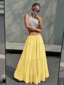 SHEIN EZwear 女士休闲度假纯色抽绳腰部层叠下摆半身裙 - 黃色 - 查看 6