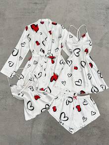 SHEIN Heart Print Faux Silk Pajama Set - Multicolor - View 3