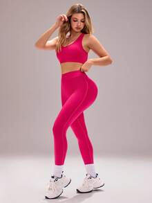 Sovereign Charm 女士纯色交叉露背运动文胸和高腰紧身裤套装，两件套健身服，性感运动装，女士健身套装，女士运动服，女士健身套装，女士上衣，女士运动服 - 玫紅色 - 查看 6