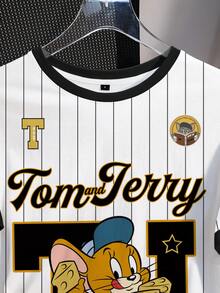 TOM & JERRY X SHEIN Women's Casual Striped Mouse Print Contrast Trim Round Neck Short Sleeve T-Shirt, Summer - White - View 5