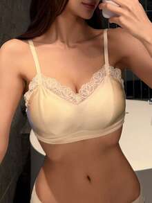 DAZY 蕾丝拼接加厚微褶皱可调节肩带文胸，女士内衣 - 杏色 - 查看 4