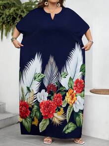 SHEIN CURVE+ Váy Kaftan dệt màu xanh hải quân thanh lịch, cỡ US22, thích hợp cho lễ hội âm nhạc, kỳ nghỉ bên bờ biển, phong cách Bohemia, mùa xuân hè và thu đông. - Màu xanh hải quân - Xem 5
