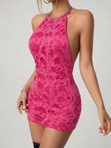 SHEIN ICON Distressed Fabric Halter Backless Bodycon Mini Dress - Hot Pink - View 3