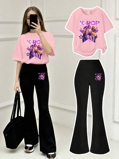 Tween Girl K-Pop Graphic Print Casual Comfortable Round Neck Short Sleeve T-Shirt & Black Flare Pants Set, Relaxed & Fashionable, Suitable For All Seasons, Daily Wear, Outdoor Activities