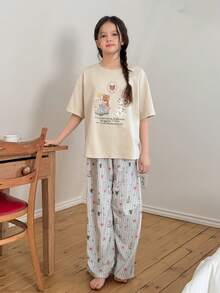 DAZY Tween Girl Letter & Cartoon Print Round Neck Short Sleeve Top And Striped Print Pants Pajama Set - Beige - View 5