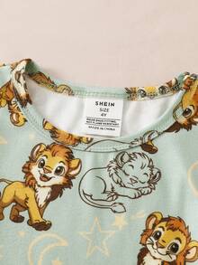 2件套幼儿男童可爱卡通狮子动物印花圆领短袖上衣和弹力腰带长裤休闲针织家居服套装 - 綠色 - 查看 8