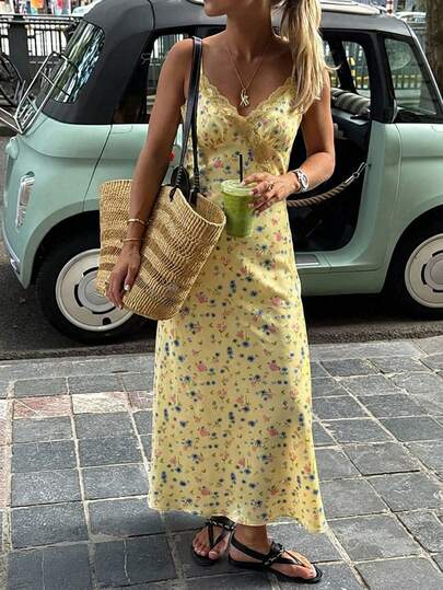 Aloruh Women's Elegant Yellow Floral Print Bohemian Style Bodycon Dress