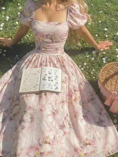 SHEIN MOD Women's Retro Floral Square Neck Puff Sleeve Asymmetrical Waist Midi Dress, Suitable For Spring/Summer, Vacation, Beach, Victorian Era, Garden, Party, Afternoon Tea, Wedding, Fairy Core