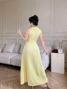 Modelyn Fashionable Minimalist Romantic Pearl Bow Tie Light Yellow Women's Long Dress - Light Yellow - View 5