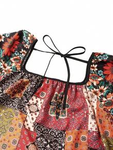 Linhara Fashionable Casual Vacation Retro Elegant Commute Floral Tie Waist Puff Sleeve Blouse - Multicolor - View 3