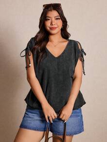 Elaquor 大码女式V领扭结设计休闲百搭日常T恤 - 黑色 - 查看 6