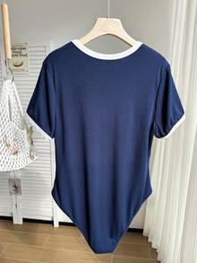 Comfortcana Plus Size Women Knitted Contrast Trim Short Sleeve Bodysuit - Blue - View 2