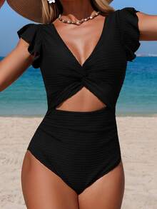 Swim Chiccia 1pc Black Backless Twist Ruffle Trim Casual Vacation Party Holiday Beach Romper Swimsuit For Women, Spring/Summer - Black - View 3