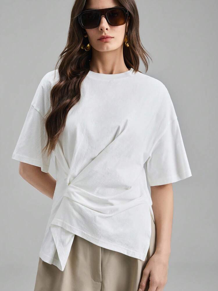 Ontre 2026 Nueva Camiseta de Manga Corta Blanca con Pliegues en los Laterales y Bajo Irregular, Adecuada para Fiestas Urbanas Modernas, Vuelta al Colegio, Estilo Bohemio Casual, Vacaciones, Festivales, Primavera, Carnaval de San Valentín, Playa, Fiesta y Ceremonia de Graduación para Mujeres - Blanco - Añade 5