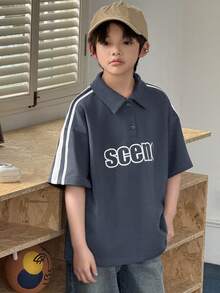 DAZY Tween Boys' Casual Sports & Daily Wear Contrast Striped Side Letter Print Loose Fit Polo Shirt, Summer - Blue - View 6