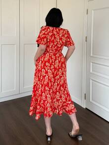 Vibekara 大码新款夏季V领印花高腰系带度假风连衣裙（女款） - 紅色 - 查看 2