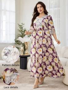 Al Najma Vestido de manga abullonada media longitud con cuello en V y adorno de encaje, elegante y romántico para primavera/verano - Multicolor - Ver 10