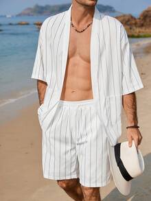 Manfinity RSRT 男士休闲条纹衬衫和短裤套装 - 白色 - 查看 1