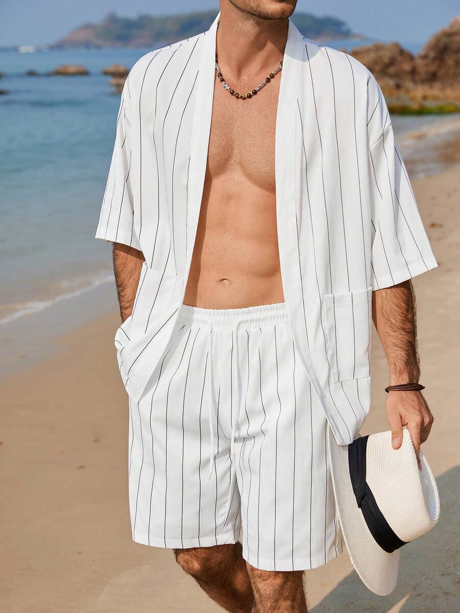 Manfinity RSRT 男士休闲条纹衬衫和短裤套装 - 白色 - 查看 1