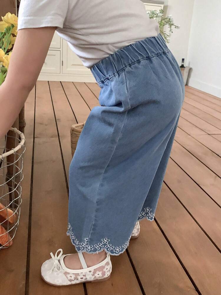 Baby Girls Elastic Waist Straight Loose Casual Versatile Ruffled Denim Jeans