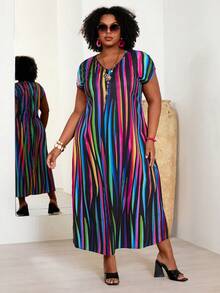 BrightlyHer Vestido largo de playa con rayas y bloques de color reflectivo para mujeres de talla grande, para vacaciones de verano - Multicolor - Ver 5