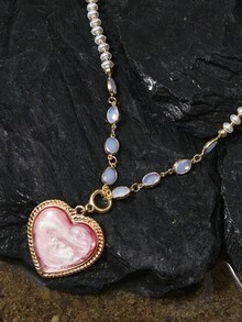 Opalesca 18K Gold Plated Love Pendant Beaded Daily Necklace,Premium/Elegant/Classy/Dailywear/Minimalist,Pearl/Crystal,For Mom/Women/Girl/Mother,Summer/Beach/Prom/Party/Holiday/Vacation,Engagement/Wedding/Promise,Bride,Heart/Floral,Fairycore/Mermaid Core - Yellow Gold - View 2