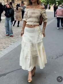 SHEIN Frenchy 波西米亚风层叠长裙，优雅高腰飘逸白色沙滩裙，女士纯色A字系带休闲百搭半身裙，适合夏季、春季、情人节、狂欢节、海滩、派对、婚礼等场合，优雅休闲。 - 杏色 - 查看 8