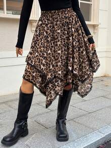 Livesso Brown Leopard Print Vacation Skirt For Women, Autumn Night Girly - Coffee Brown - View 6