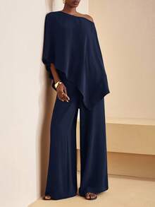 Zivah New New Fall And Winter Women Clothes Casual Commuting Brown Loose One-Shoulder Irregular Top + High Waist Wide-Leg Trousers Women Two Pieces Set, ,Back To School,Country Concert Outfit,Homecoming,Halloween,Christmas,Brunch Outfits For Women,Going Out Outfits , Church Outfits Women,Travel, Shopping-A - Navy Blue - View 4