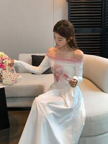 DAZY 女士露肩渐变印花长袖连衣裙，韩版吊带裙 - 白色 - 查看 5