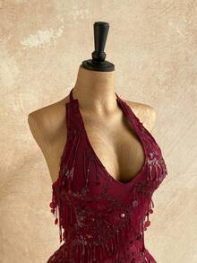 Soleia Women's Sexy V-Neck Spaghetti Strap Tie Backless Sequin Mini Dress, Suitable For Christmas, Date Night, Nightclub, Beach, Cruise, Afternoon Tea, Bohemian, Boho, Vacation - Burgundy - View 6