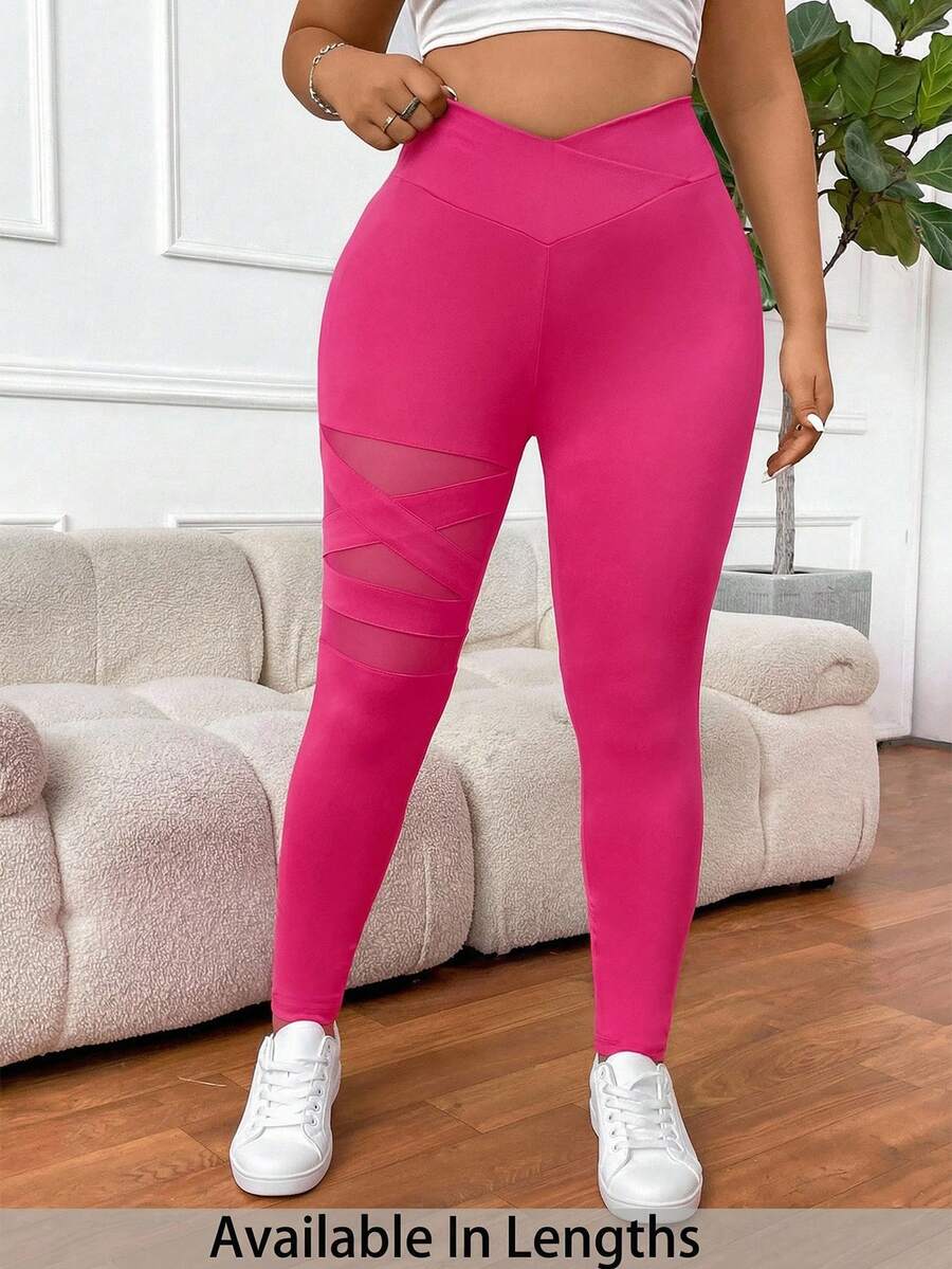 SHEIN PETITE CURVE Plus Size Women's Solid Color Basic Daily Leggings Hot Pink Pants Pink Bottoms For Women - Hot Pink - View 1