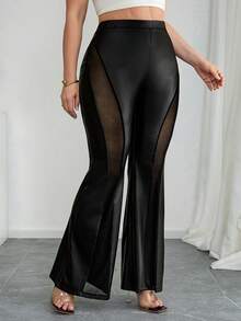 SHEIN Tall CURVE 大码女式纯色弹力腰网纱PU皮喇叭裤 - 黑色 - 查看 8