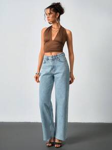 SHEIN High Rise Straight Leg Denim Woman's Button Front Jean 90's Light Wash - Light Wash - View 5