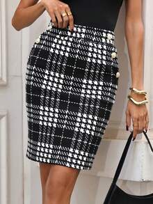 Editum 女士优雅仿香水口袋金属扣夏季半身裙，适合工作、休闲和日常穿着 - 黑與白 - 查看 7