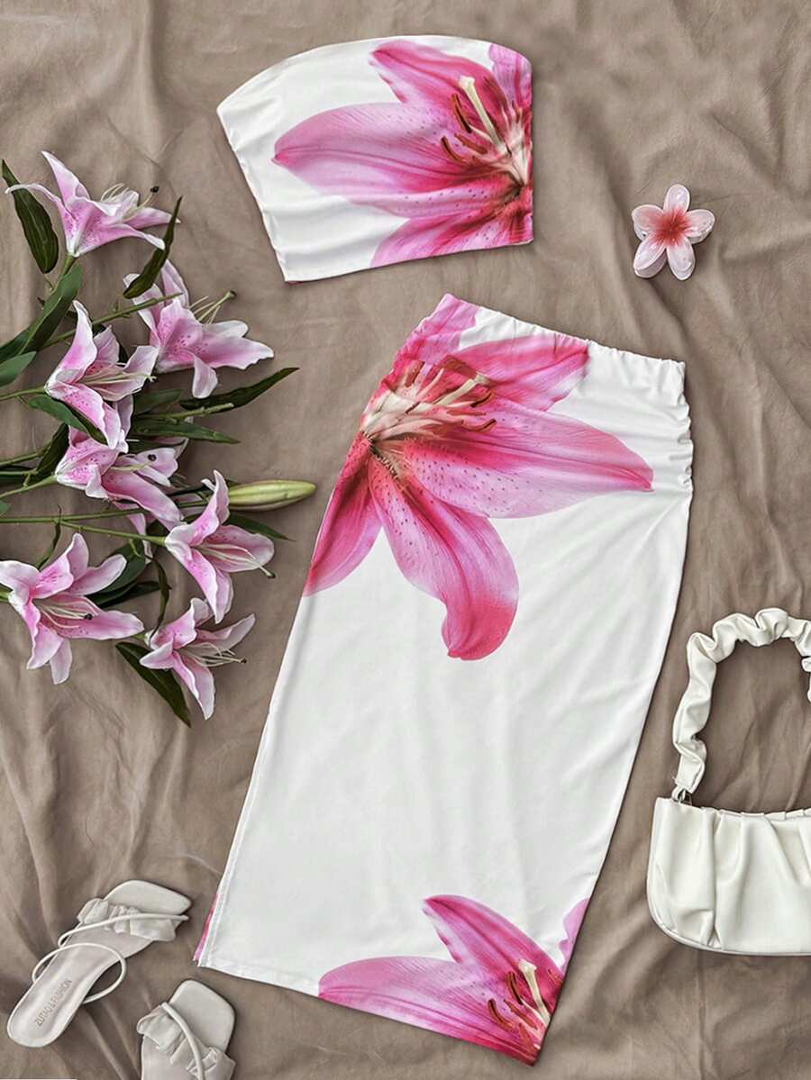 少女休闲碎花吊带背心和迷你裙套装 - 白色 - 查看 1